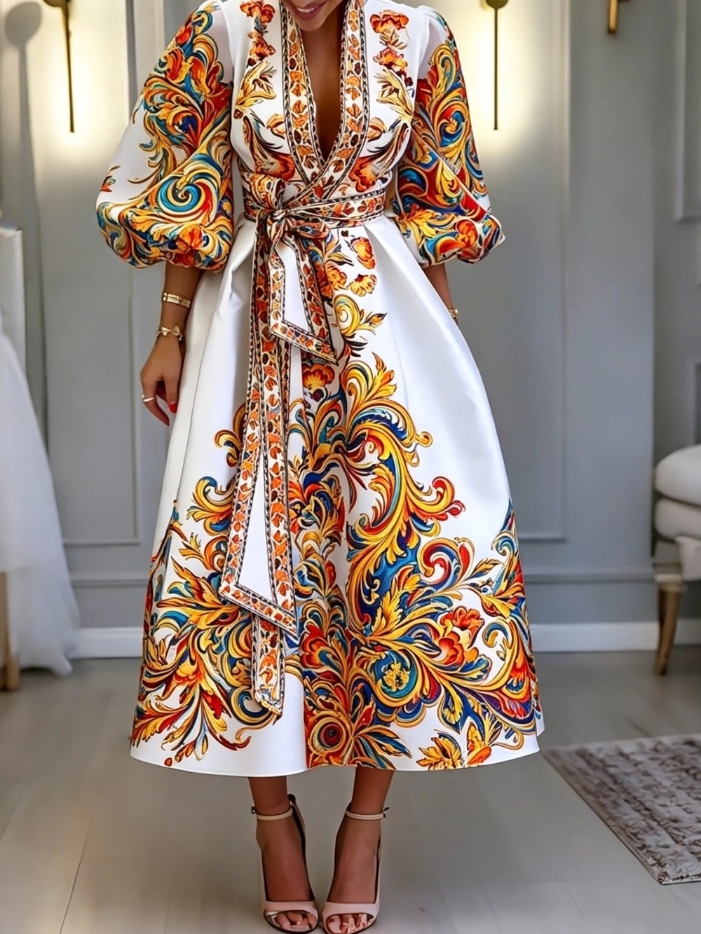 STYLEWE White Midi Dress with Multicolor Baroque Print